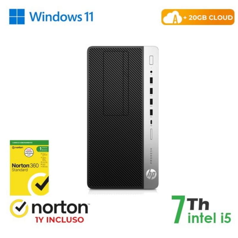 Pc hp 600-800 g3 tower intel core i5-7 gen. 16gb 128gb ssd + 500gb hdd windows 11 pro + norton antivirus + cloud - ricondizionato (rn61534313)