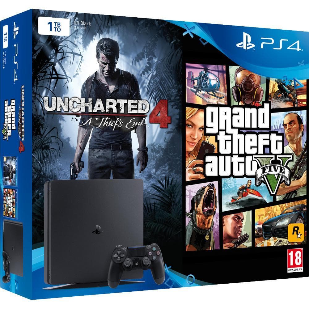 PlayStation 4 Slim 1000GB - Nero + Uncharted 4: A Thief´s End + Grand Theft Auto V