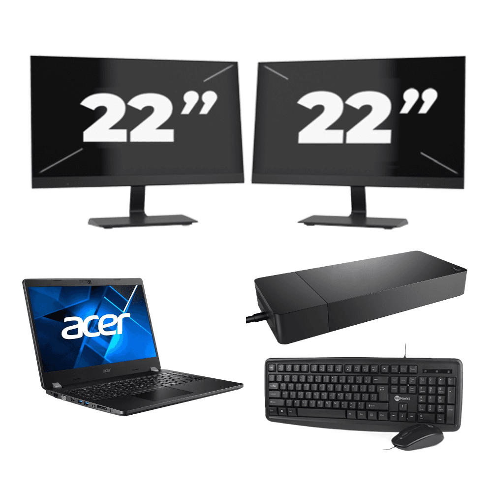 Acer TravelMate P214-53 - Intel Core i5-11° Generazione - 14 pollice - 8GB RAM - 256GB SSD - Windows 11 Home + 2x 22 pollice Monitor
