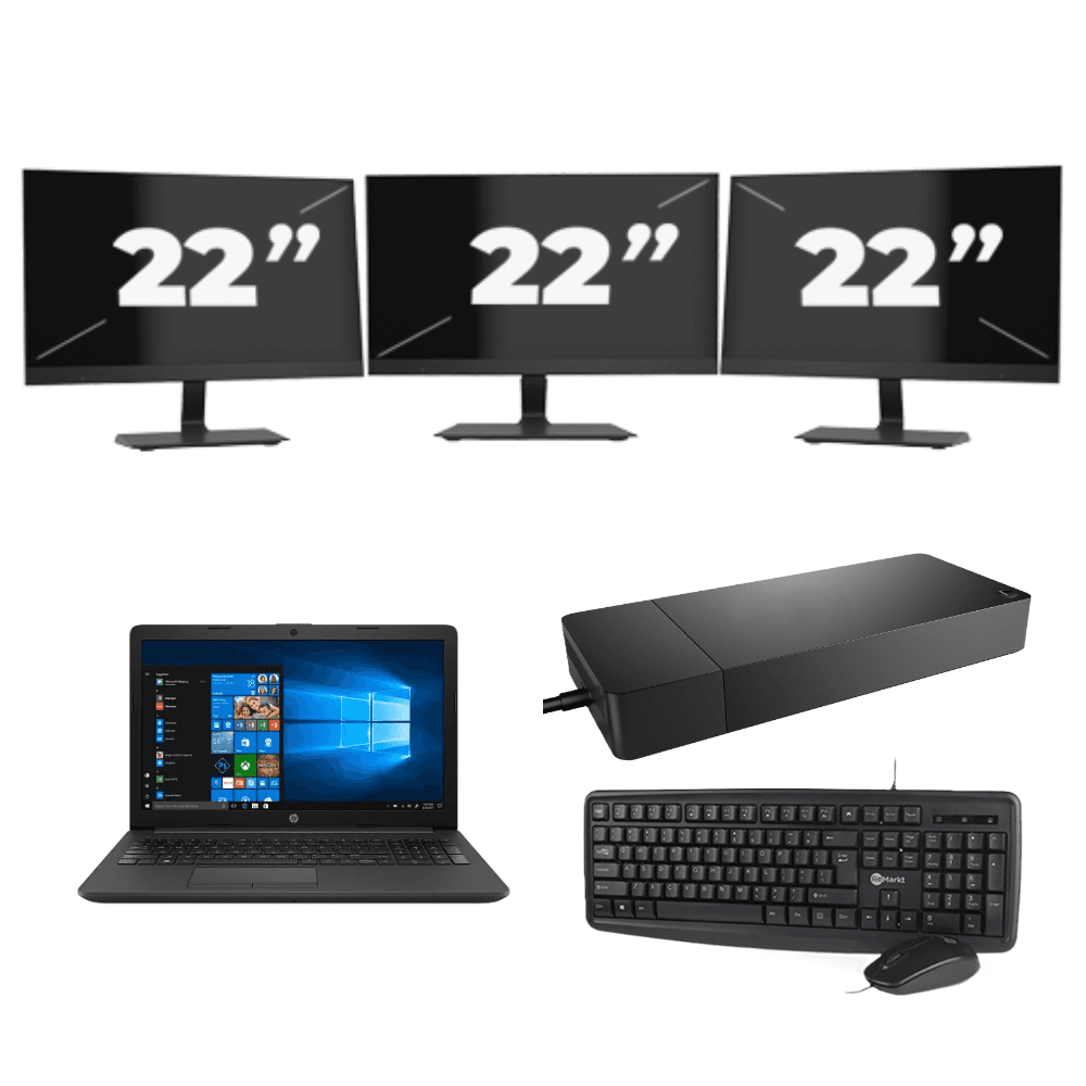 HP 255 G7 - AMD Ryzen 3 2200U - 15 pollici - 16 GB di RAM - SSD da 256 GB - Windows 11 Home + 3 monitor da 22 pollici