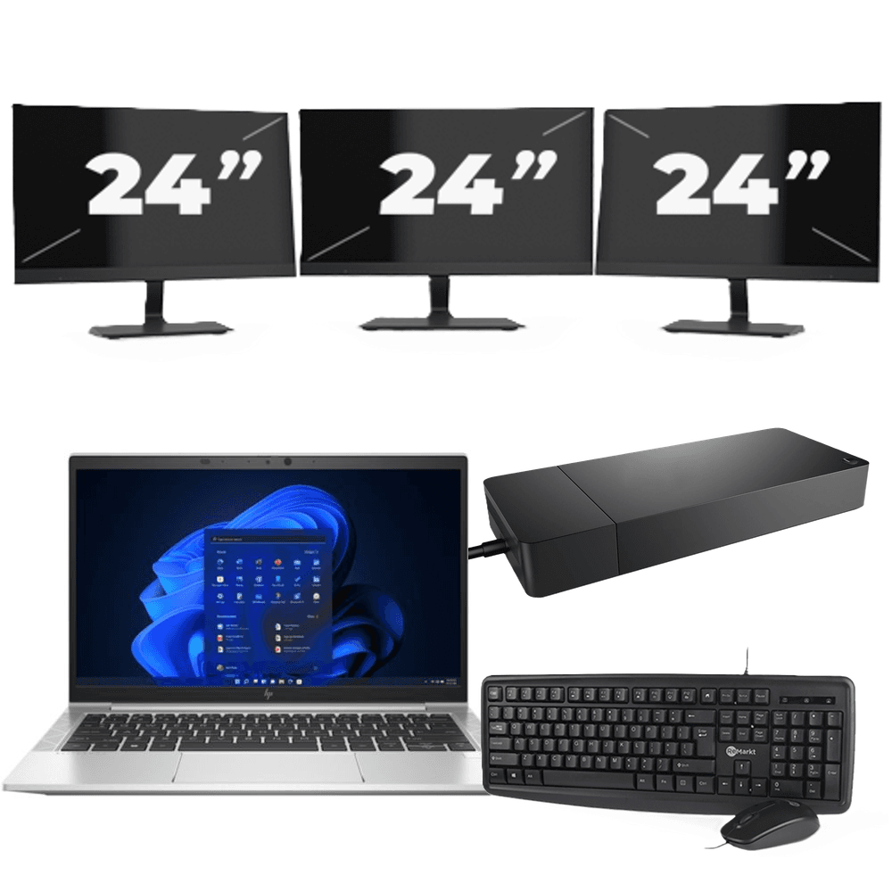 HP EliteBook 835 G8 - AMD Ryzen 3 PRO 5450U - 13 pollice - 8GB RAM - 256GB SSD - Windows 11 Home + 3x 24 pollice Monitor